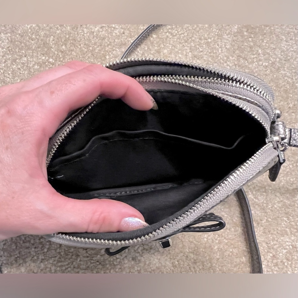 Coach Metallic Silver Leather Mini Crossbody Bag with Turnlock Bow Detail - Picture 12 of 12